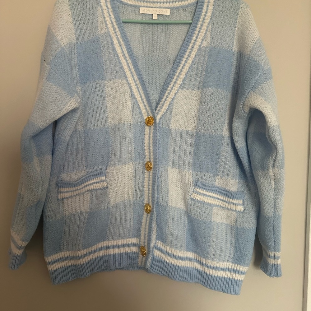 More to Love Pastel Blue Check V-Neck Cardigan - Picture 2 of 5